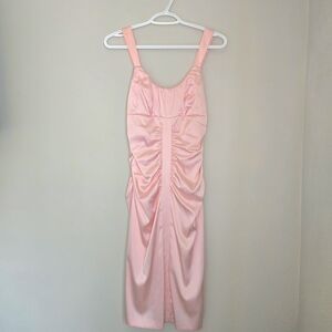 Le Chateau Blush Pink Satin Fitted Ruched‎ Midi Dress - For Formal Or Weddings